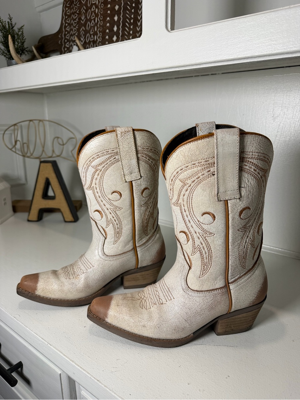 Sterling River Womens 7.5 Cream Leather Cowboy Boots Embroidered Western Mexico
